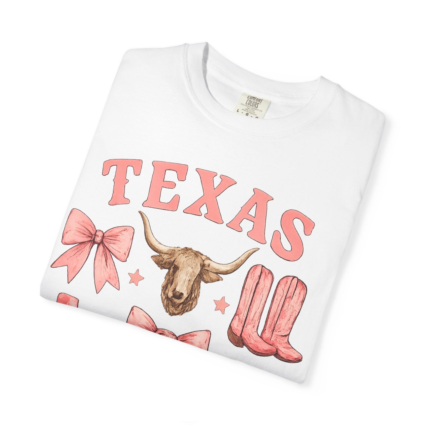 Texas Cowgirl Icons T-Shirt — Pink Western Boots, Bows & Longhorn Graphic