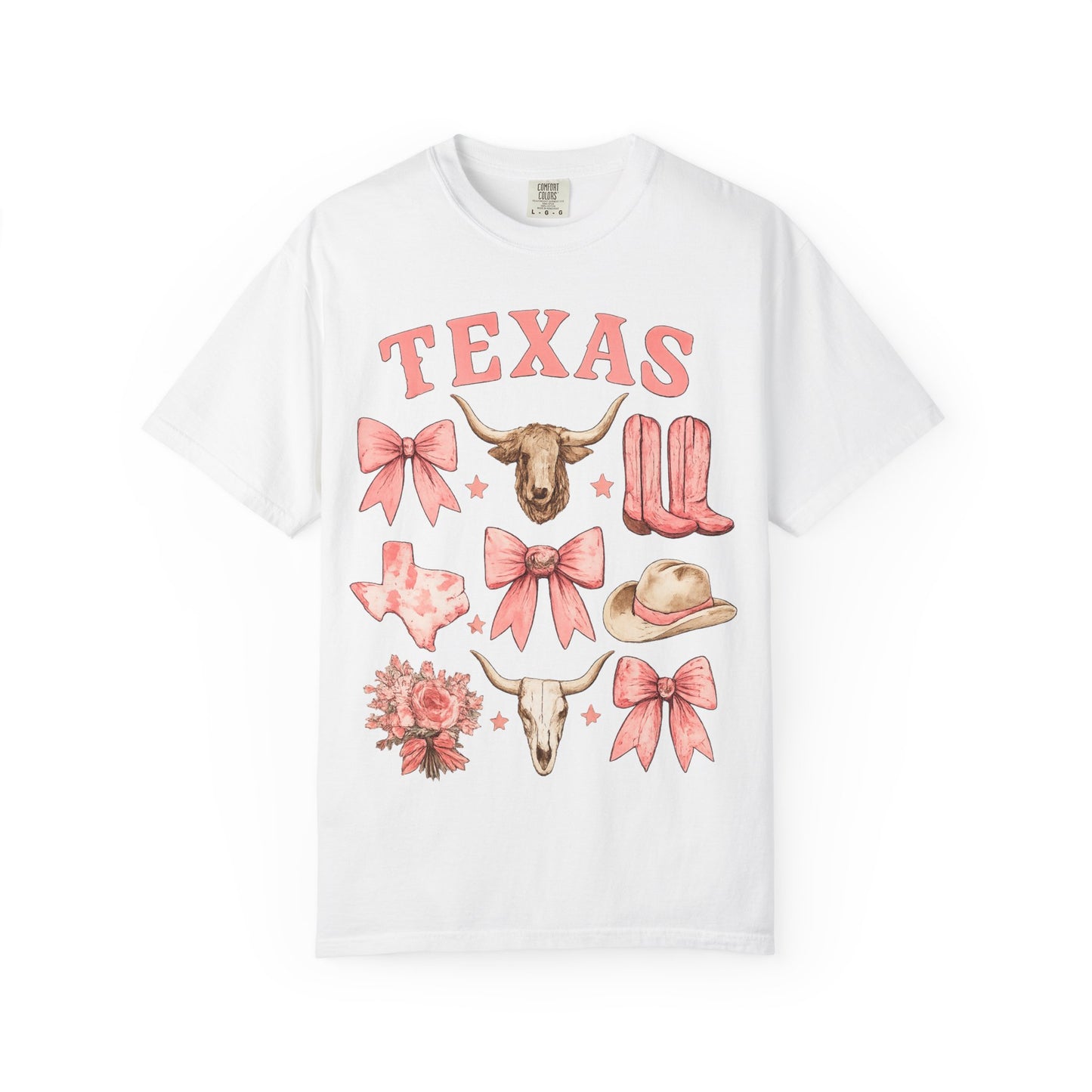 Texas Cowgirl Icons T-Shirt — Pink Western Boots, Bows & Longhorn Graphic